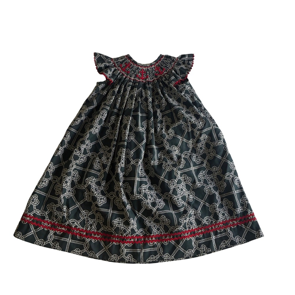Southern Tots Dress Kids 6 Navy Blue Smocked Nautical Anchor Rope Trim Coastal